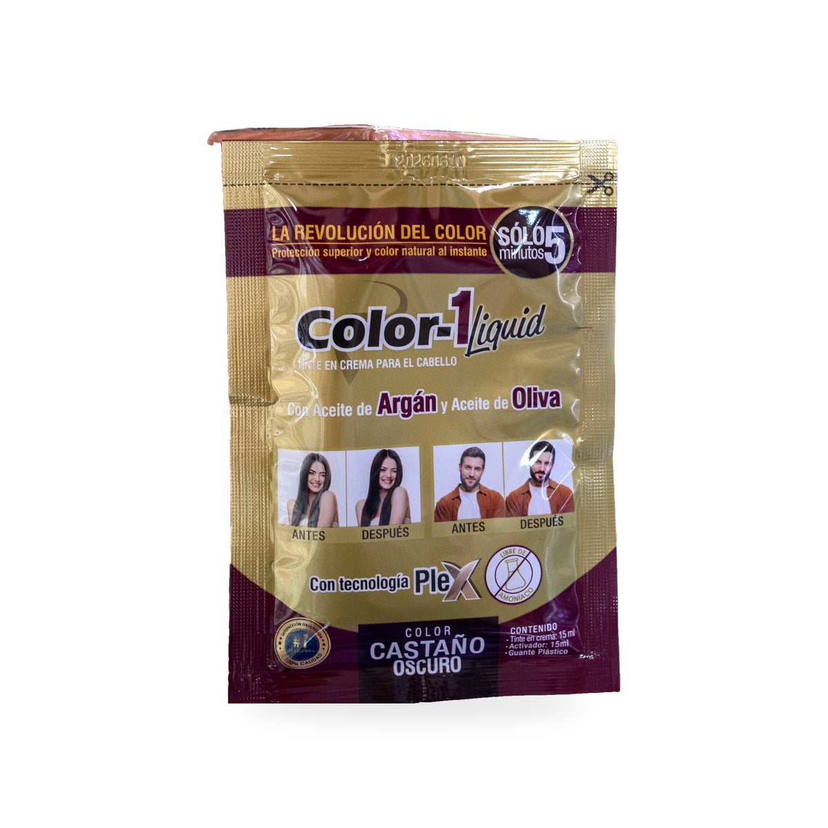 Tinte Color-1 Liquid en crema tono castaño oscuro, sobre de 15 ml