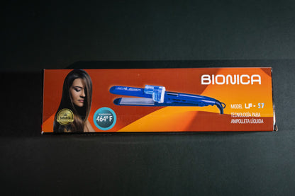 Plancha Lisfashion Biónica azul con depósito para ampolleta, vista de la caja sobre fondo oscuro