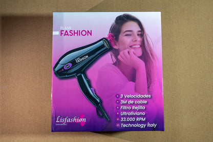 Secador profesional Lisfashion Flash Fashion negro, caja frontal sobre fondo claro