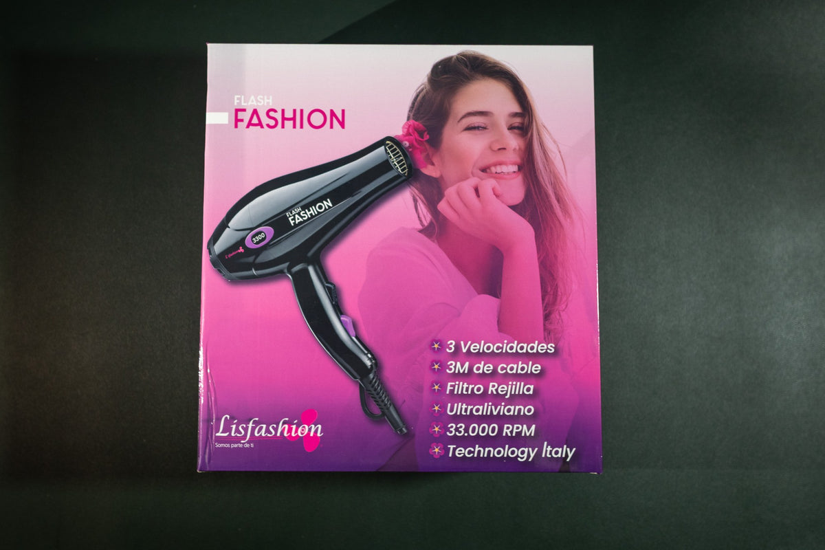 Vista frontal de la caja del secador Lisfashion Flash Fashion ultraliviano Technology Italy