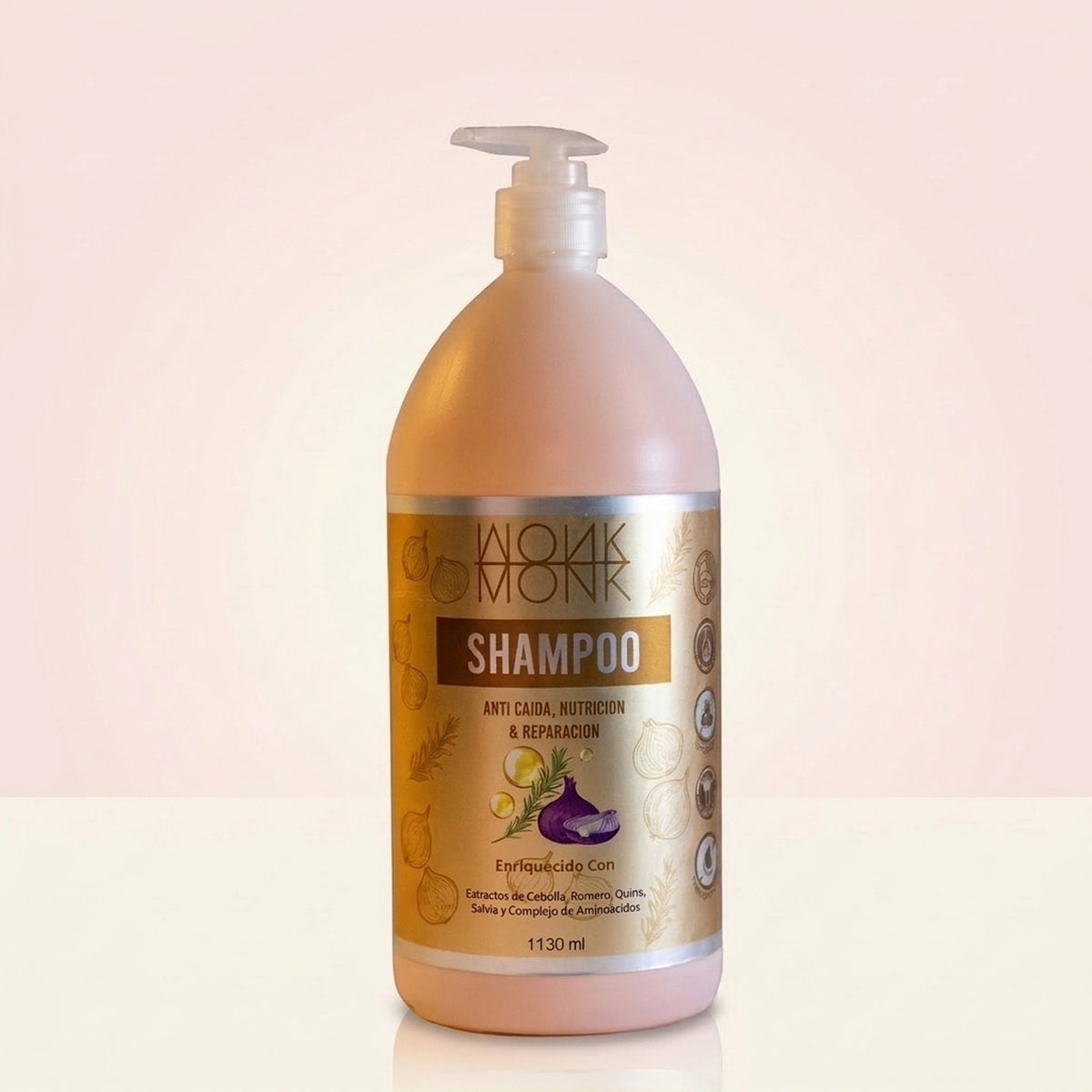 Shampoo Monk de cebolla anticaída, nutrición y reparación, frasco de 1130 ml con dosificador