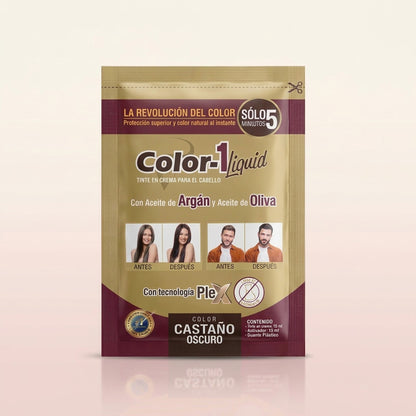 Tinte Color-1 Liquid en crema tono castaño oscuro, sobre de 15 ml